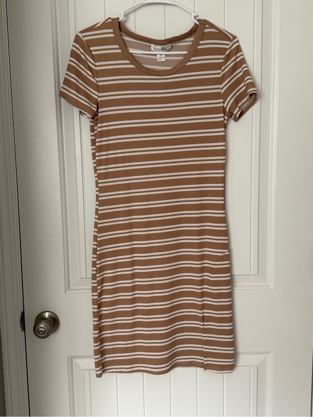 just be Striped Ribbed Tee Dress - Brown & White